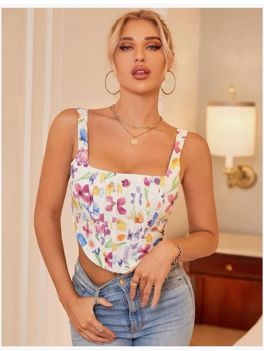 Kutumai Floral Print Sleeveless Corset Top Scoop Neck Back Zipper Size XL NWT